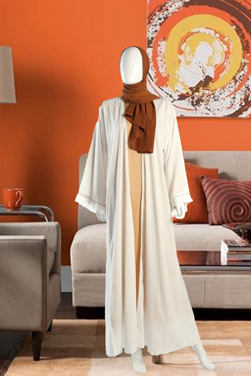 Elegant White Georgette Open Coat with Gold Floral Details and Pearl Accents