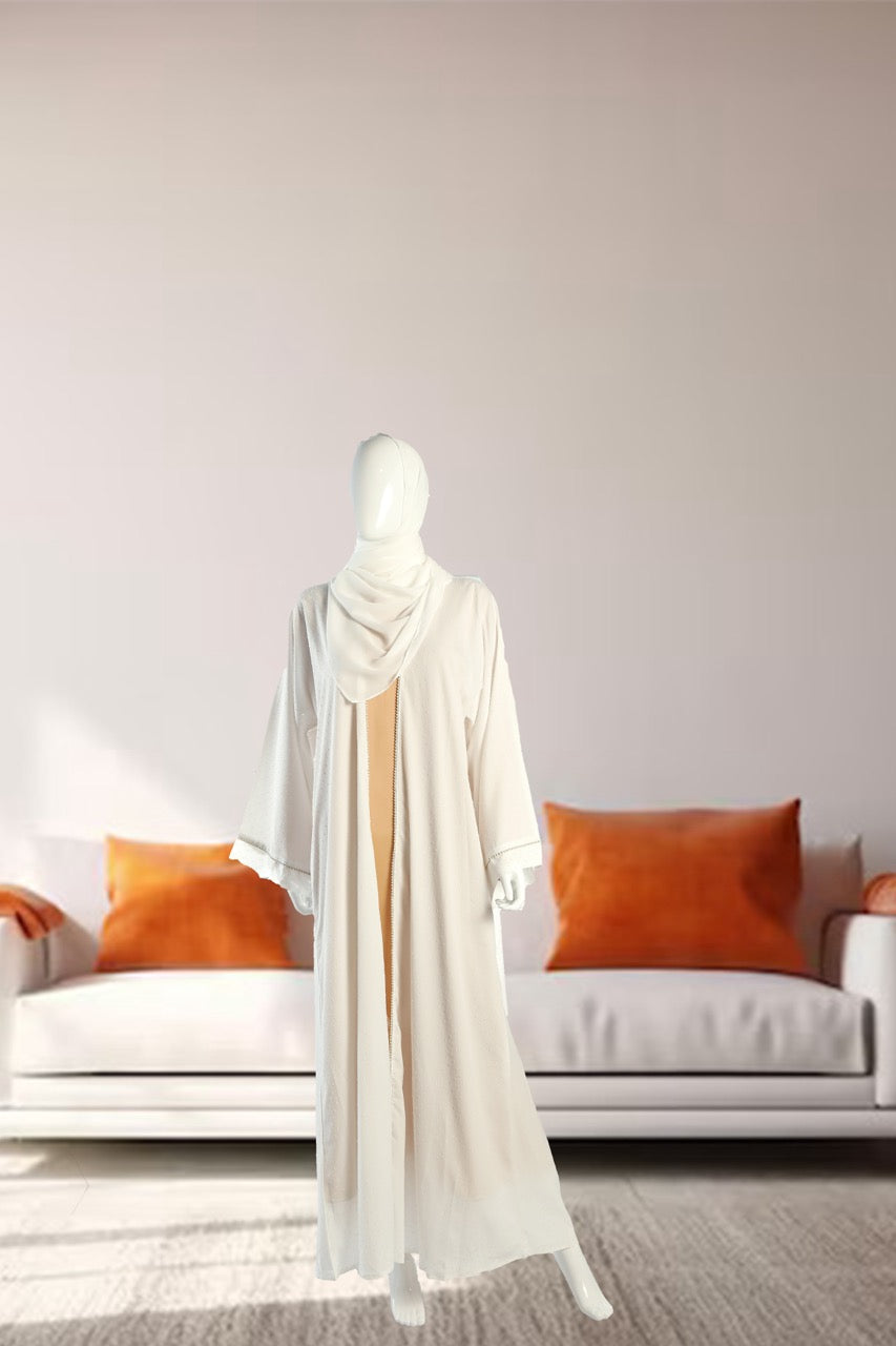 Elegant White Georgette Open Coat with Gold Floral Details and Pearl Accents