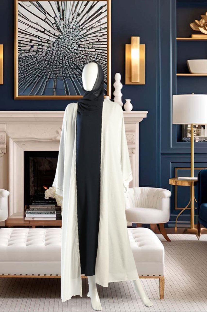 Elegant White Georgette Open Coat with Gold Floral Details and Pearl Accents