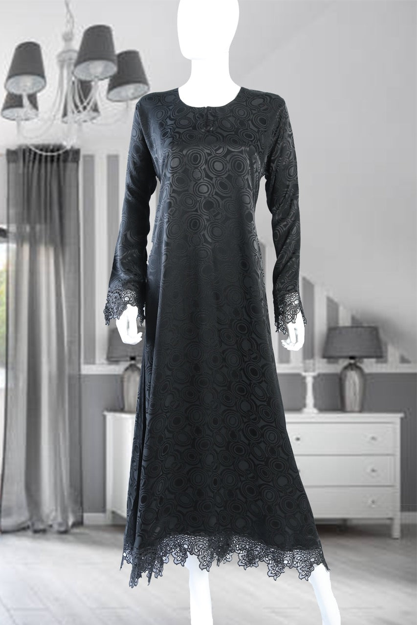 Black Self Printed Abaya with Lace Details