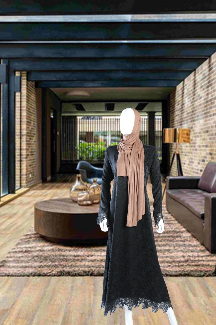 Black Self Printed Abaya with Lace Details