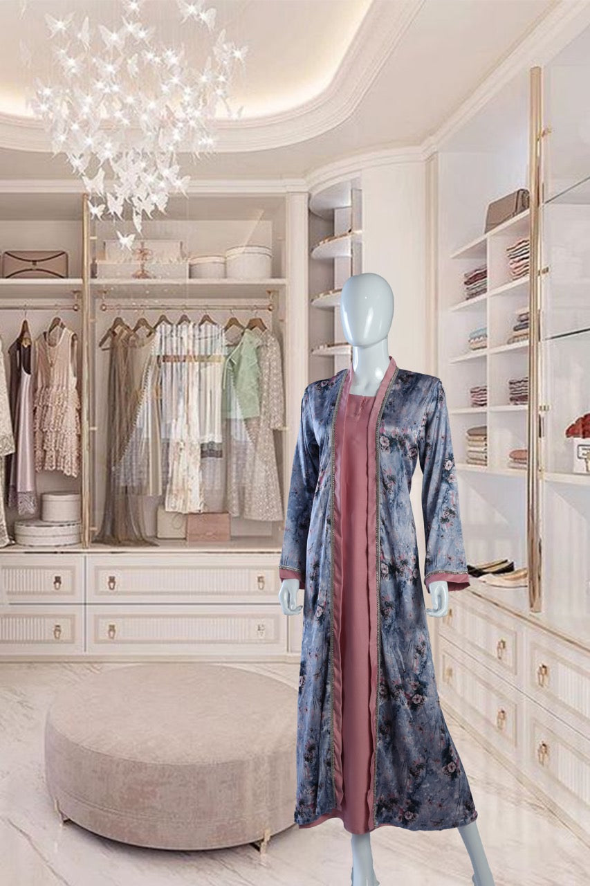Elegant Pink Silk Dress with Blue Printed Cover-Up
