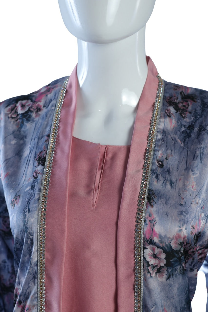 Elegant Pink Silk Dress with Blue Printed Cover-Up