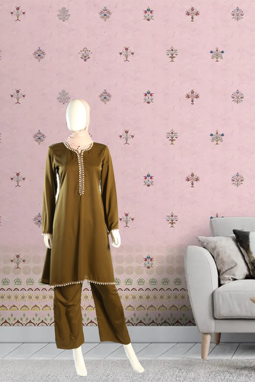 Olive Green Silk and pearl embroidery