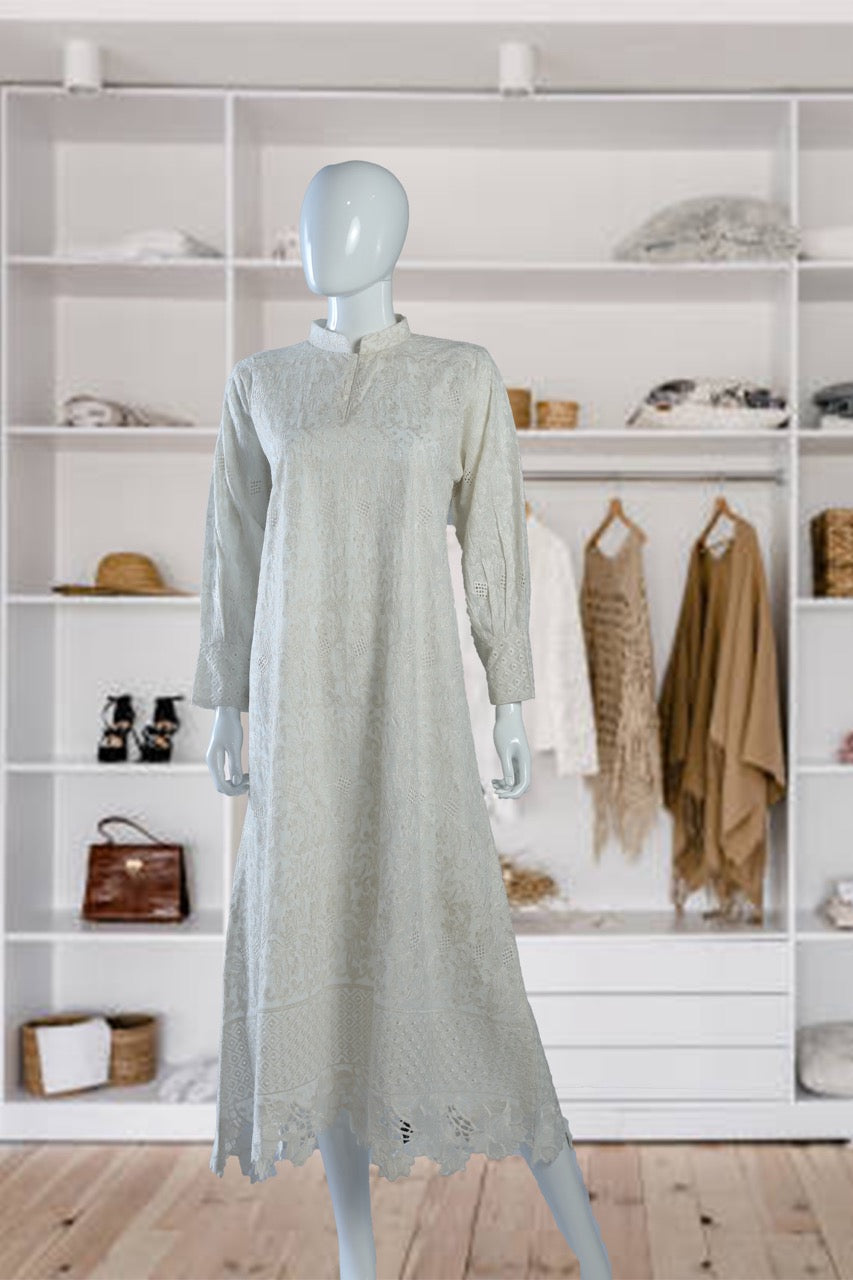 White Cotton Dress with thread embroidery