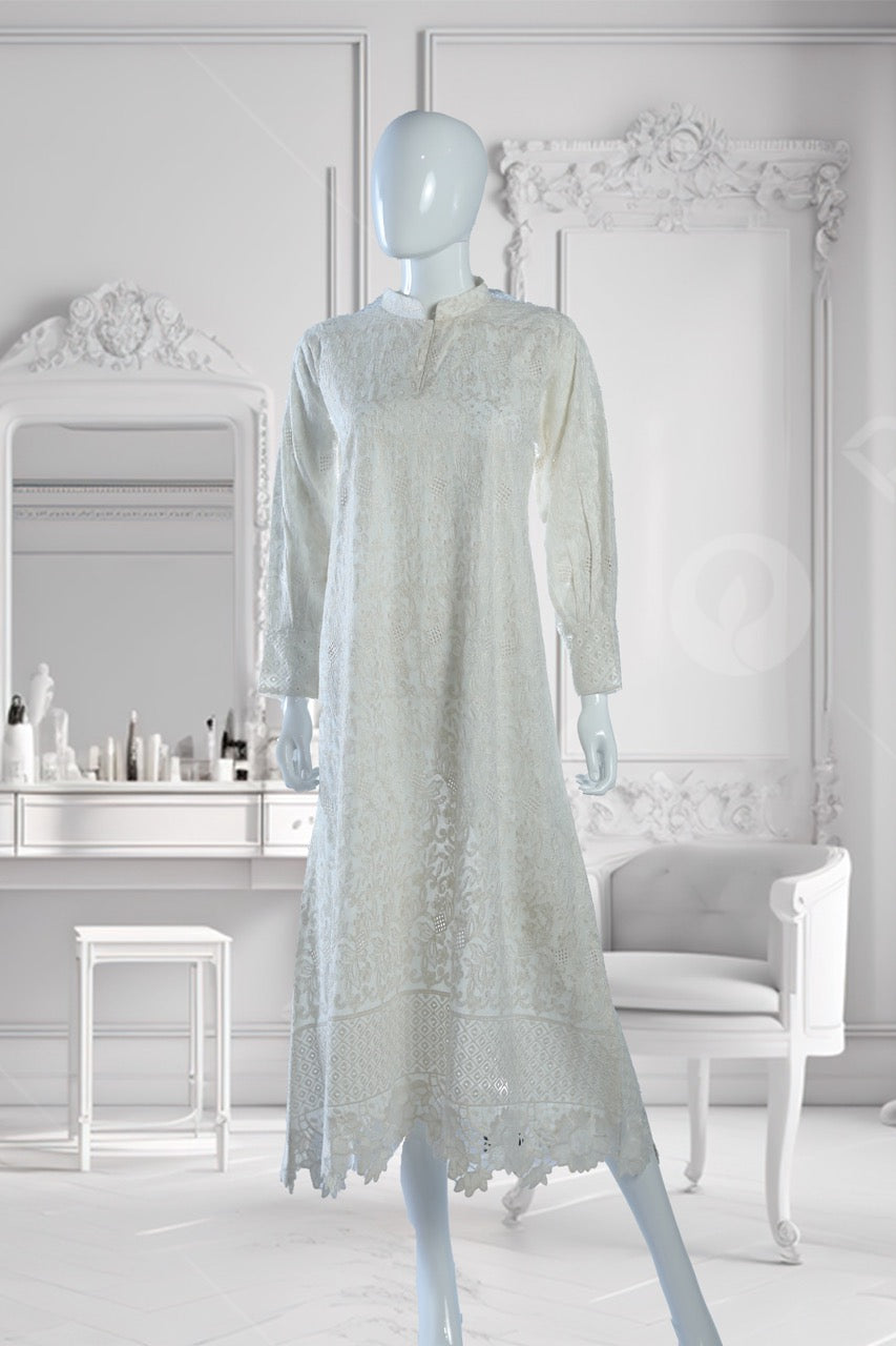 White Cotton Dress with thread embroidery