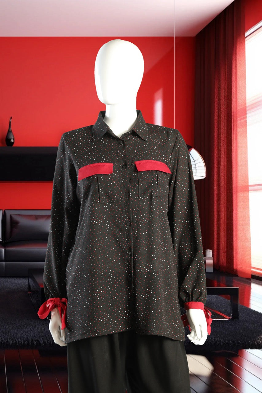 Polka Dot Button-Down Shirt – Black with White & Red Dots