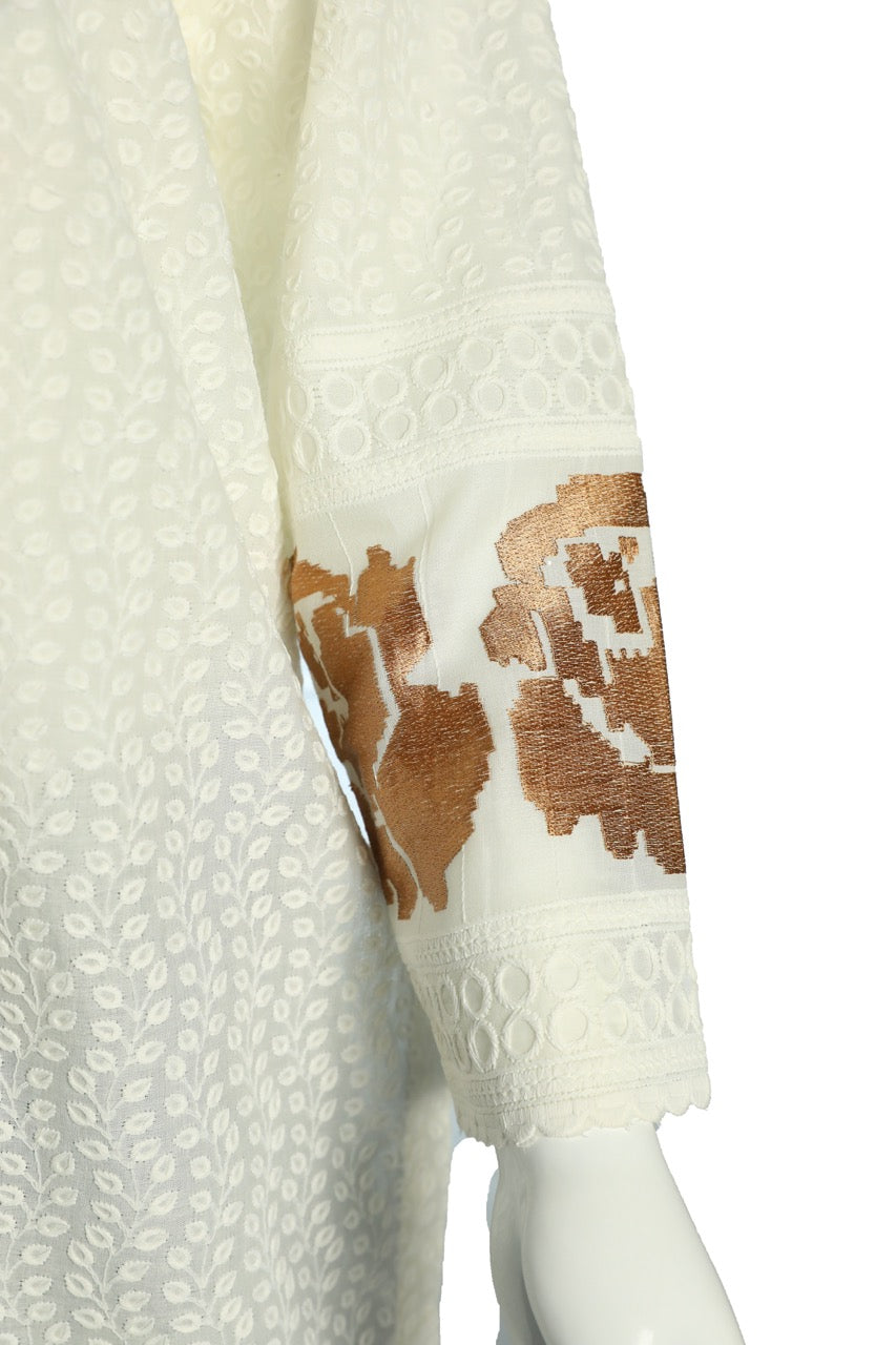 Elegant white-golden print Cotton Knee-Length Tunic