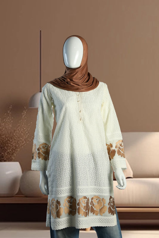 Elegant white-golden print Cotton Knee-Length Tunic