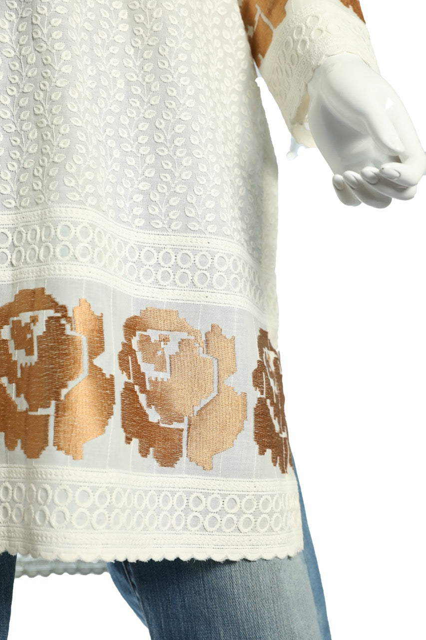 Elegant white-golden print Cotton Knee-Length Tunic