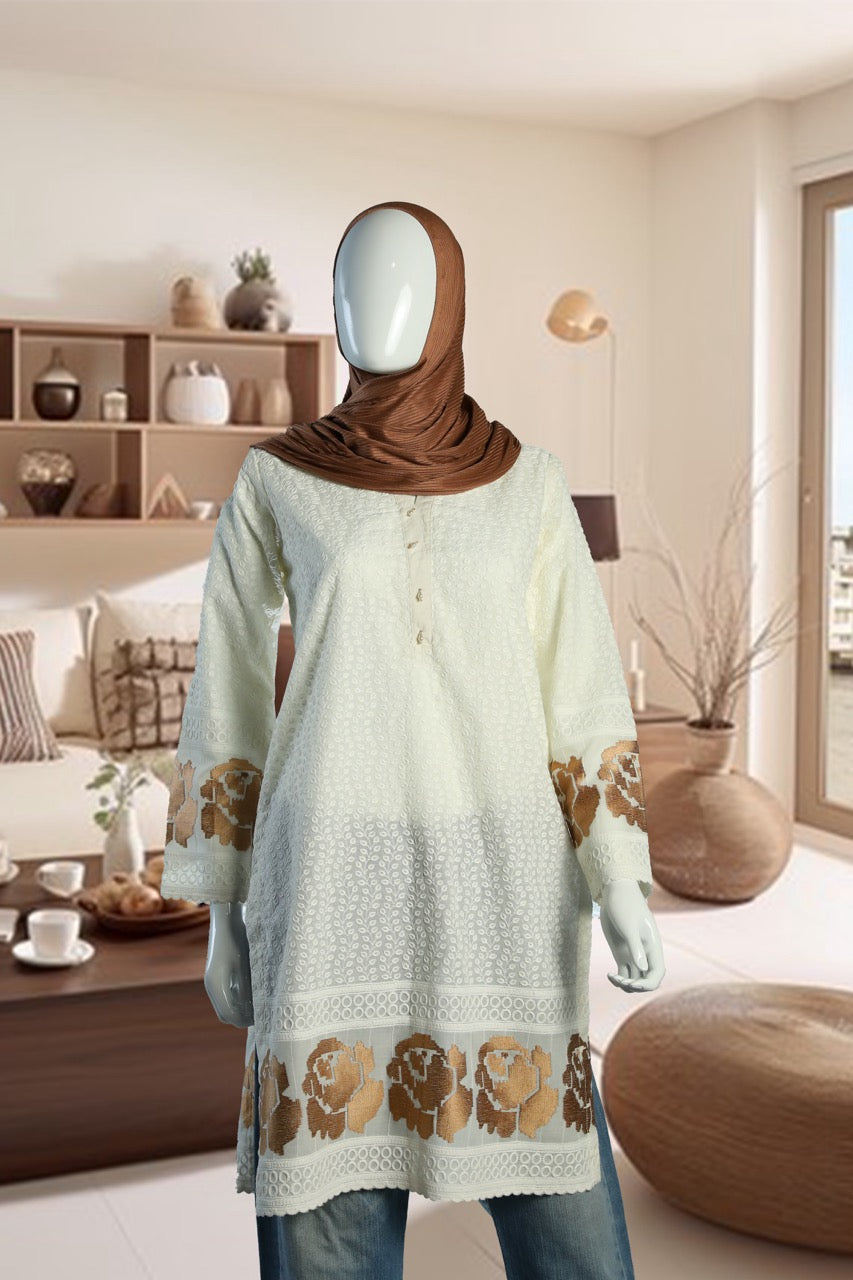 Elegant white-golden print Cotton Knee-Length Tunic
