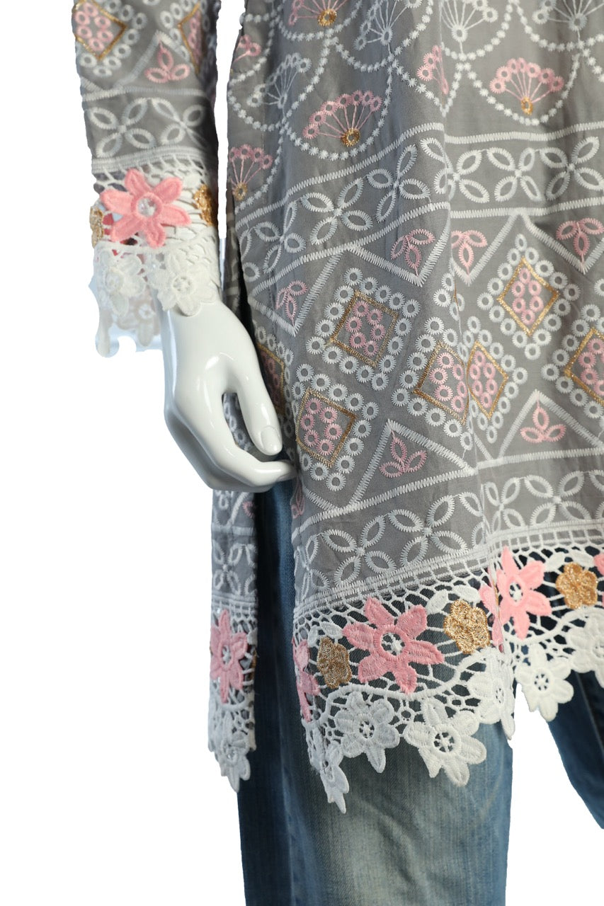Elegant  Grey Cotton Knee-Length Tunic