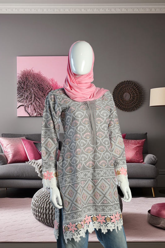 Elegant  Grey Cotton Knee-Length Tunic