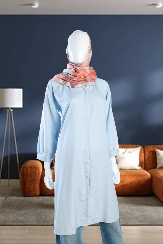 Sky Blue Knee-Length Button down shirt – Casual Elegance