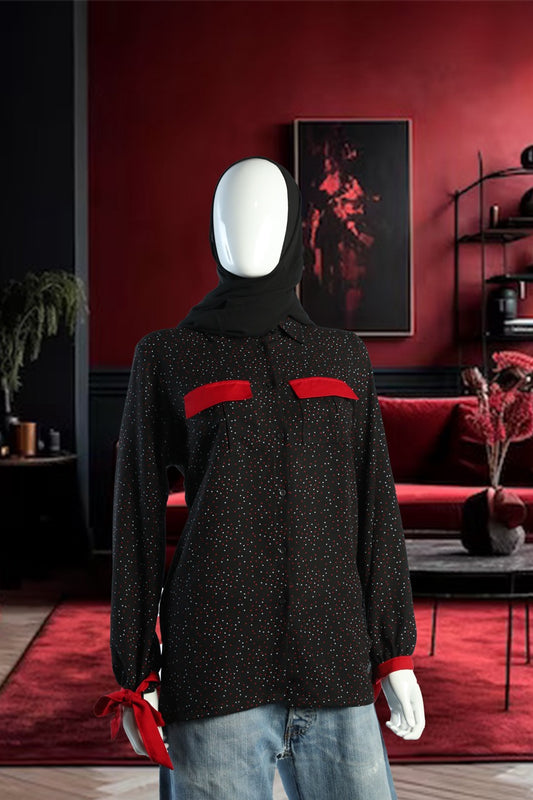 Polka Dot Button-Down Shirt – Black with White & Red Dots