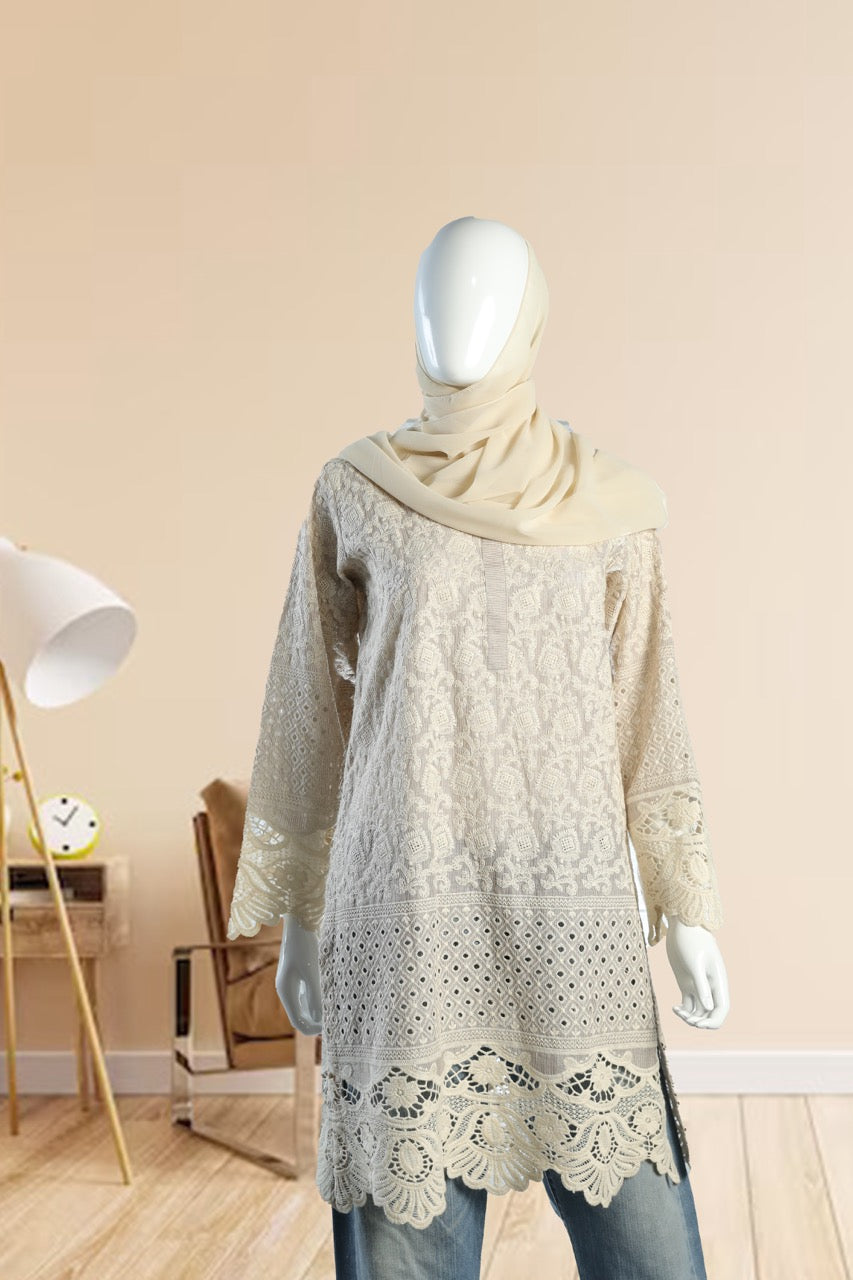 Elegant white dotted design Cotton Knee-Length Tunic