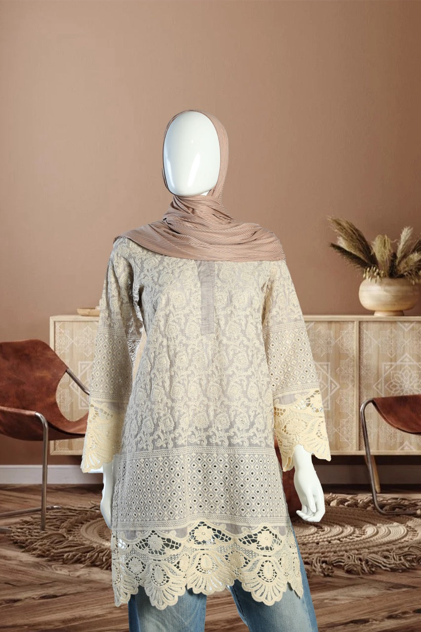 Elegant white dotted design Cotton Knee-Length Tunic